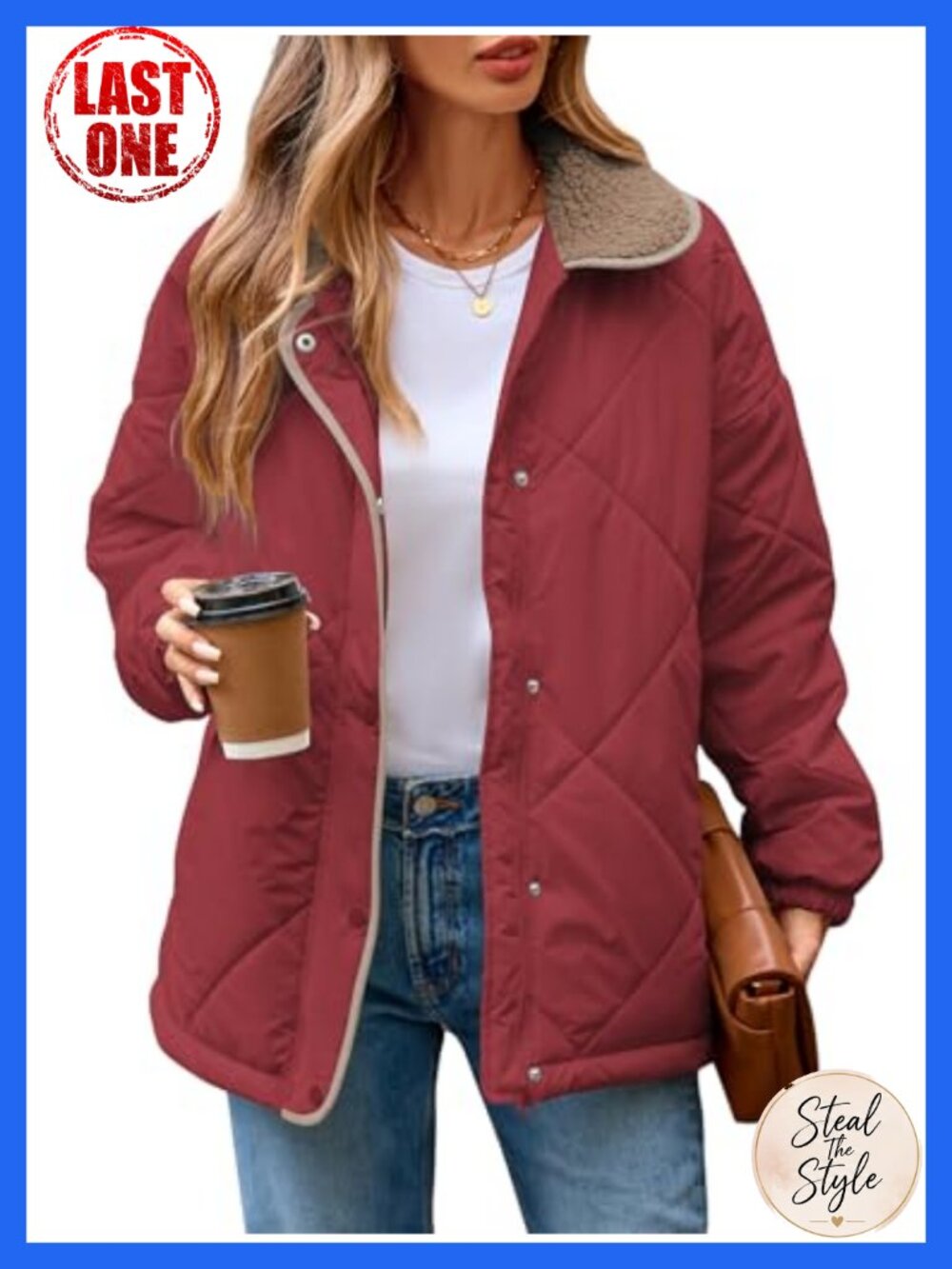 Quilted Puffer Jacket Long Sleeve Zip Snap Fuzzy Collar Lined Winter Coat